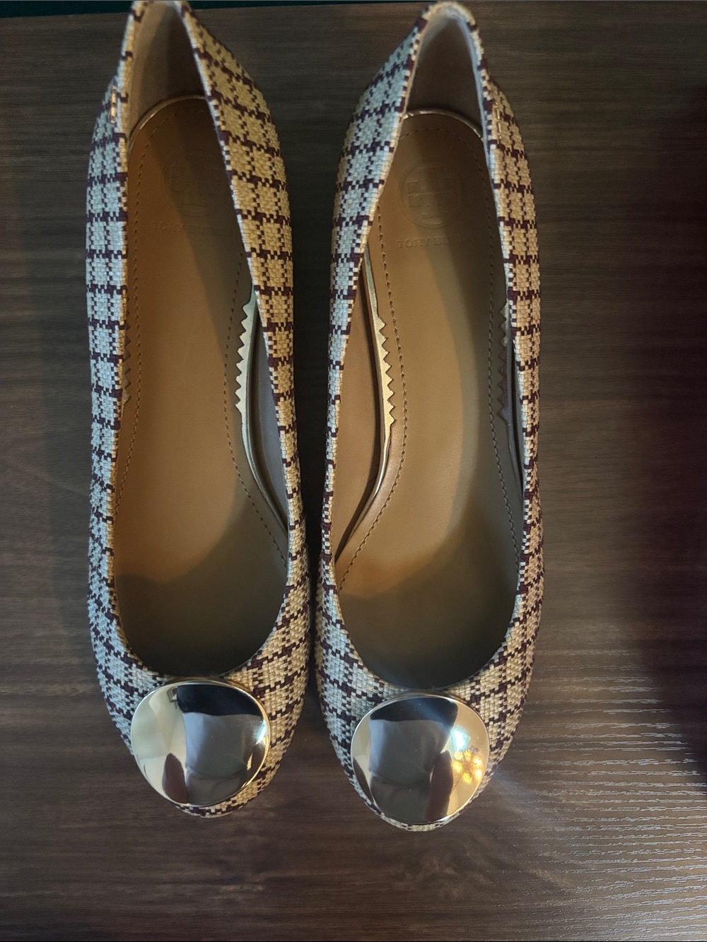 Tory Burch Tweed Ballet Flats in Cream and Brown with Gold Cap Toe